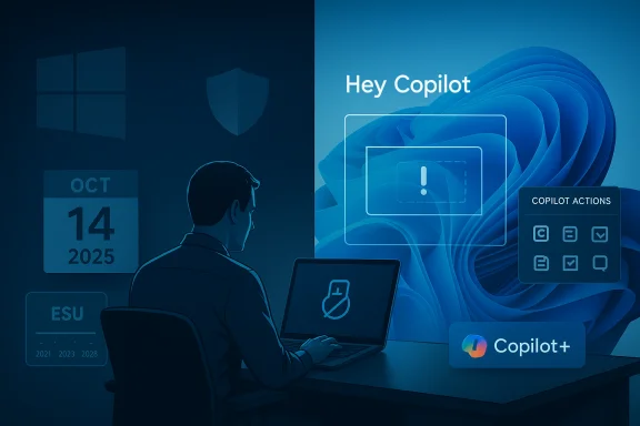 A person sits at a desk using a laptop with Windows Copilot UI on a blue screen. A person sits at a desk using a laptop with Windows Copilot UI on a blue screen.