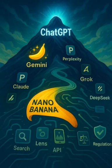 ChatGPT atop a mountain with a glowing Nano Banana trail and AI logos like Gemini, Perplexity, Claude, Grok.