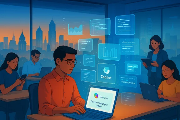 A diverse team uses holographic AI dashboards and Copilot in a modern office at sunset. A diverse team uses holographic AI dashboards and Copilot in a modern office at sunset.