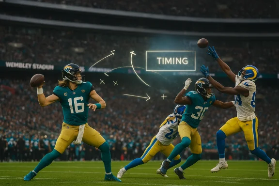 Jaguars quarterback readies a pass as defenders close in, with a TIMING diagram over the field.