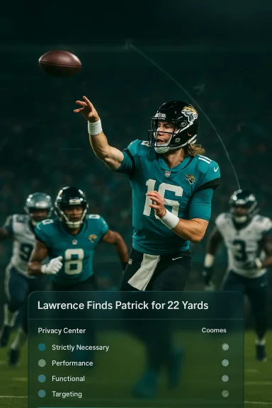 Jacksonville Jaguars quarterback in teal throws a pass during a game. Jacksonville Jaguars quarterback in teal throws a pass during a game.