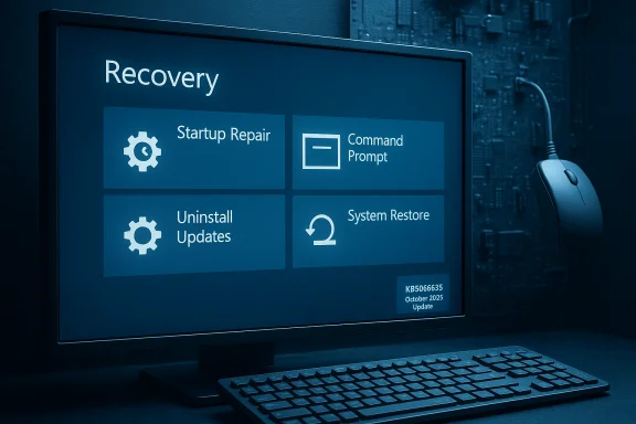 Blue-tinted monitor shows Windows Recovery options: Startup Repair, Command Prompt, Uninstall Updates, System Restore. Blue-tinted monitor shows Windows Recovery options: Startup Repair, Command Prompt, Uninstall Updates, System Restore.