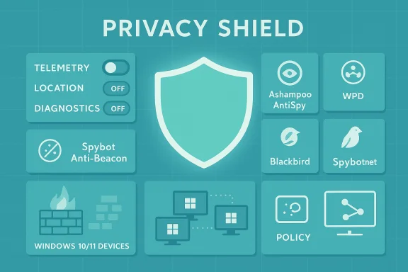 A privacy shield dashboard blocking telemetry, location, and diagnostics with anti-spy tools. A privacy shield dashboard blocking telemetry, location, and diagnostics with anti-spy tools.
