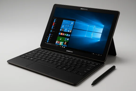 Samsung convertible laptop with keyboard and stylus running Windows 10. Samsung convertible laptop with keyboard and stylus running Windows 10.