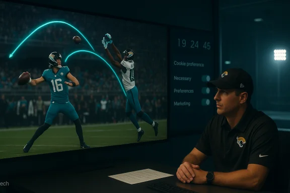 Football analyst analyzes a game replay on a large screen with neon trajectory lines.