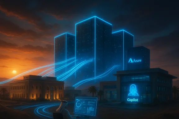 Azure-powered futuristic city with neon towers and a coder at a glowing terminal.
