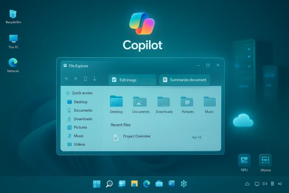 Copilot-themed Windows desktop with a floating File Explorer over a teal gradient background. Copilot-themed Windows desktop with a floating File Explorer over a teal gradient background.
