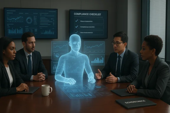 Executives discuss data with a holographic figure during a compliance briefing.