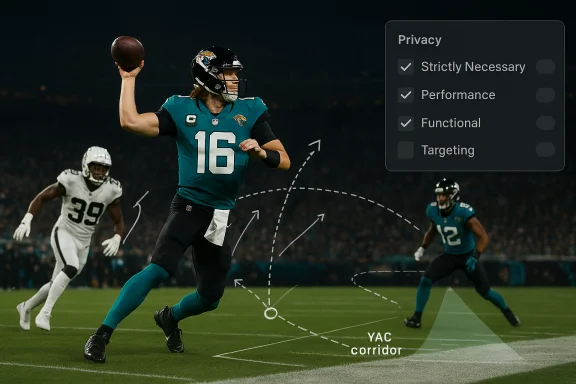 Jacksonville Jaguars quarterback in teal #16 throws a pass, with route diagrams and a YAC corridor.