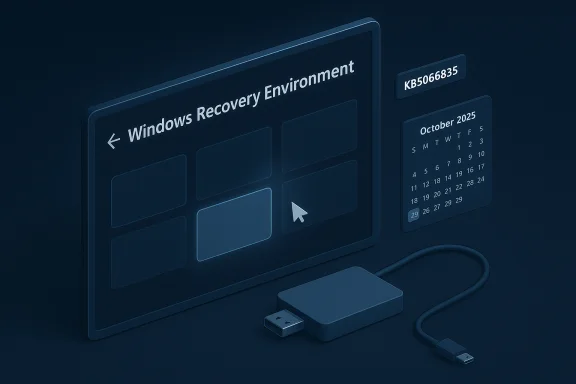 Windows Recovery Environment screen shown with a calendar and USB drive on a dark blue background. Windows Recovery Environment screen shown with a calendar and USB drive on a dark blue background.