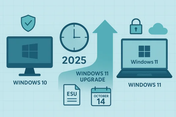 Timeline from Windows 10 to Windows 11 upgrade by 2025, with ESU and Oct 14 deadline. Timeline from Windows 10 to Windows 11 upgrade by 2025, with ESU and Oct 14 deadline.
