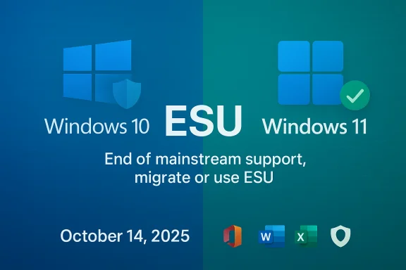 Windows 10 ends mainstream support; migrate to Windows 11 or use ESU by Oct 14, 2025. Windows 10 ends mainstream support; migrate to Windows 11 or use ESU by Oct 14, 2025.