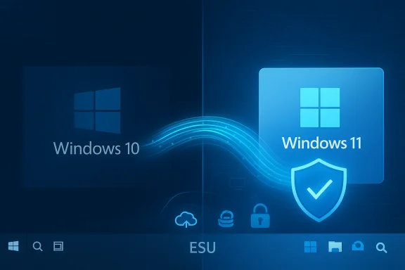 Blue graphic depicting Windows 10 transitioning to Windows 11 with a shield icon. Blue graphic depicting Windows 10 transitioning to Windows 11 with a shield icon.
