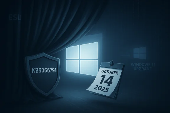 Blue-toned Windows 11 upgrade scene with a patch shield (KB5066791) and October 14, 2025 calendar.