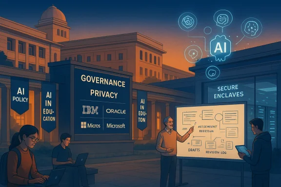 Campus exhibition on AI governance and privacy featuring banners and logos of IBM, Oracle, and Microsoft. Campus exhibition on AI governance and privacy featuring banners and logos of IBM, Oracle, and Microsoft.