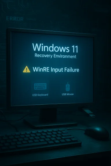 Windows 11 Recovery Environment screen showing a WinRE Input Failure warning with USB keyboard and mouse icons. Windows 11 Recovery Environment screen showing a WinRE Input Failure warning with USB keyboard and mouse icons.