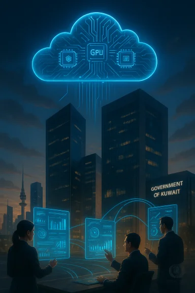 Futuristic city scene with a glowing cloud GPU network and holographic data panels near the Government of Kuwait.