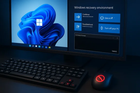 Windows recovery environment shown on a monitor, with keyboard and a red-lit mouse. Windows recovery environment shown on a monitor, with keyboard and a red-lit mouse.