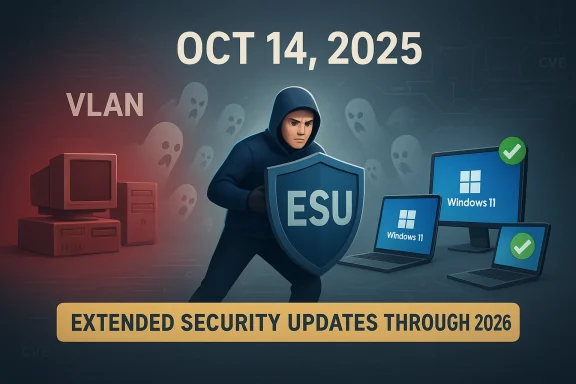 A hooded hacker guards a shield labeled ESU as Windows 11 PCs receive extended security updates.