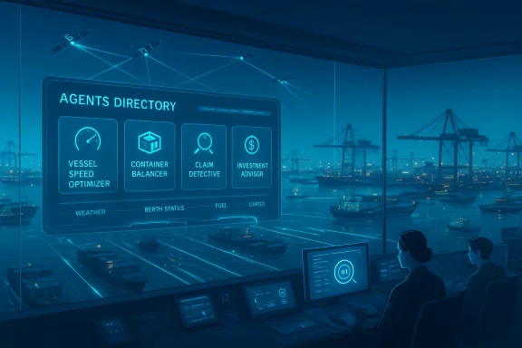 A futuristic port control room with a blue holographic 'Agents Directory' display overlooking cargo ships. A futuristic port control room with a blue holographic 'Agents Directory' display overlooking cargo ships.