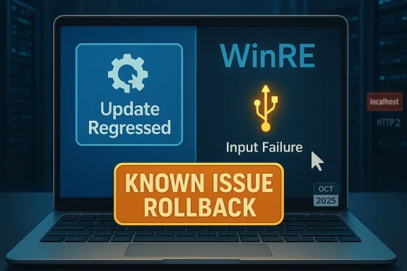 Laptop screen shows 'Known Issue Rollback' banner with update regressed and input failure. Laptop screen shows 'Known Issue Rollback' banner with update regressed and input failure.