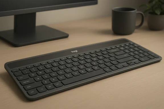 Black wireless keyboard on a wooden desk with monitor stand, mug, and plant in the background. Black wireless keyboard on a wooden desk with monitor stand, mug, and plant in the background.