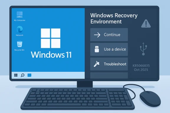 A computer monitor shows Windows 11 on the left and Windows Recovery Environment on the right with a keyboard and mouse. A computer monitor shows Windows 11 on the left and Windows Recovery Environment on the right with a keyboard and mouse.