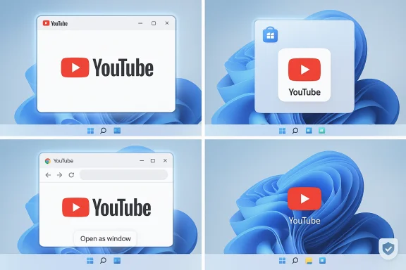 Four-panel collage showing YouTube app icons and windows on a Windows 11 desktop. Four-panel collage showing YouTube app icons and windows on a Windows 11 desktop.