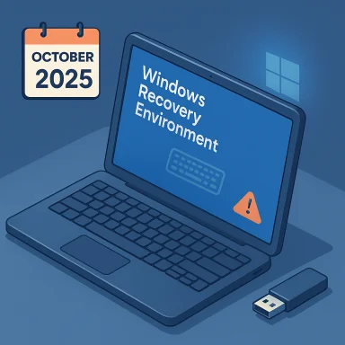 Laptop screen shows Windows Recovery Environment with a warning icon, beside a USB drive and an October 2025 calendar. Laptop screen shows Windows Recovery Environment with a warning icon, beside a USB drive and an October 2025 calendar.
