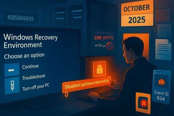 A person sits at a computer in a Windows Recovery Environment, focused on a glowing 'DisableCapiOverrideForRSA' prompt.