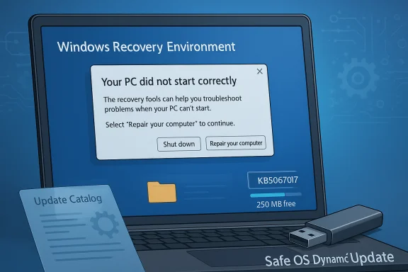 Windows Recovery Environment on a laptop shows a startup error and repair options.