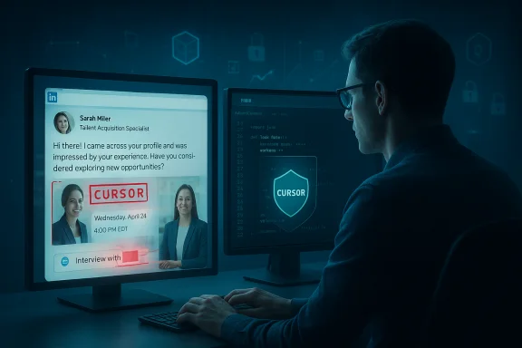 A programmer reads a LinkedIn-style recruiter message on one screen while coding on the other.