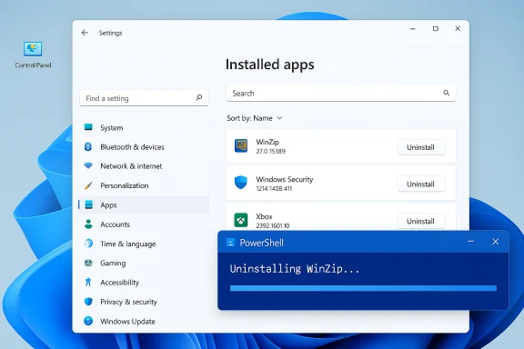 Windows 11 Settings app showing installed apps, with WinZip being uninstalled via PowerShell.