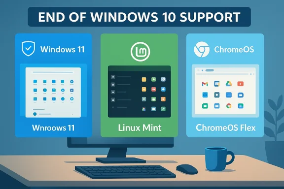 End of Windows 10 support shown with Windows 11, Linux Mint, and ChromeOS Flex.