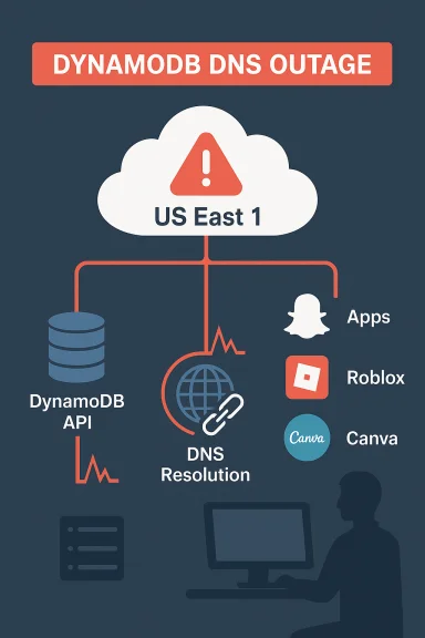 DynamoDB DNS outage hits US East 1, disrupting DNS resolution for apps and services.