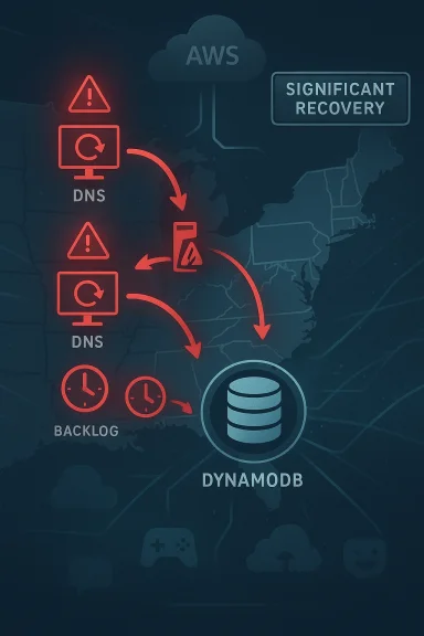 An AWS disaster-recovery diagram showing DNS flow and backlog items converging on DynamoDB.