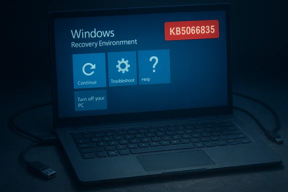 Laptop displaying Windows Recovery Environment with tiles: Continue, Troubleshoot, Help.