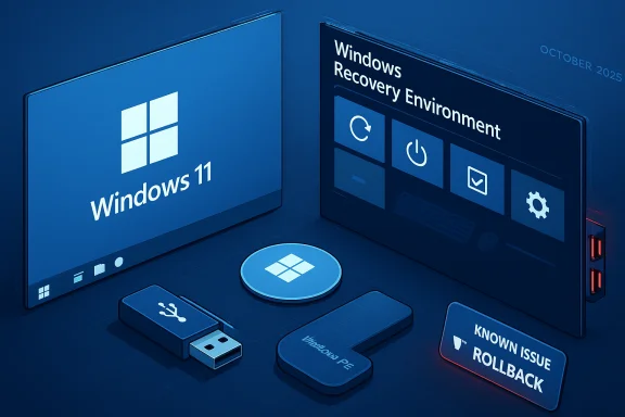 Windows 11 boot scene showing Recovery Environment interface and a Known Issue Rollback.