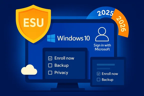 Windows 10 ESU promo with enroll-now options and a 2025–2026 arc.
