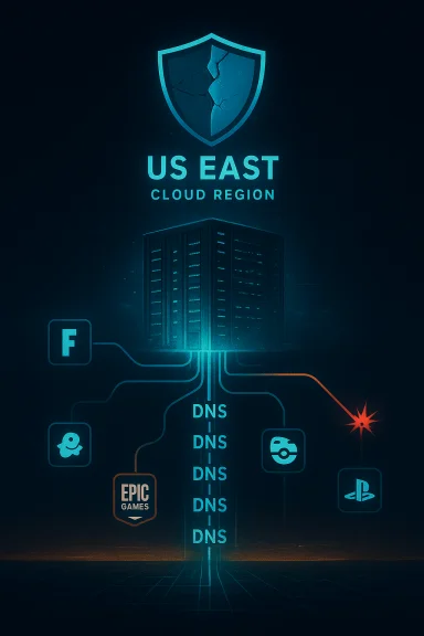 US East Cloud Region: glowing data center with DNS lines connecting gaming platforms.