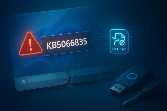 A red warning triangle and KB5066835 badge sit beside an HTTP.sys icon and a USB drive.