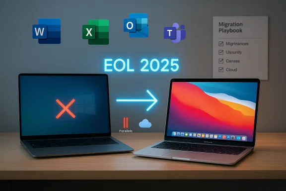 Windows blocked on the left, a MacBook ready on the right, under EOL 2025 migration.