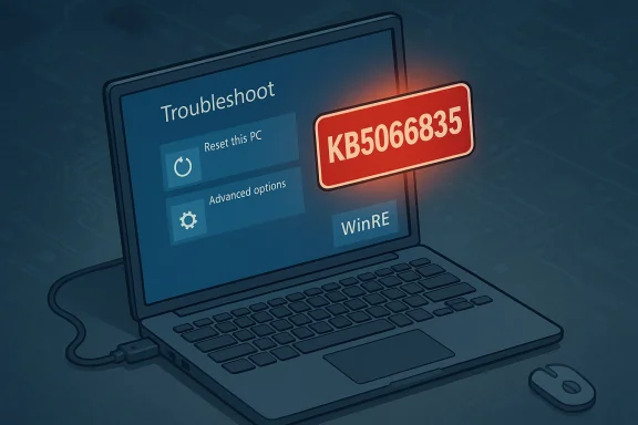 Laptop screen shows Windows Troubleshoot options with a glowing red KB5066835 tag.
