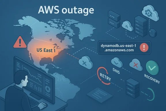 AWS outage affecting US East 1, with DNS retries and recovery steps.