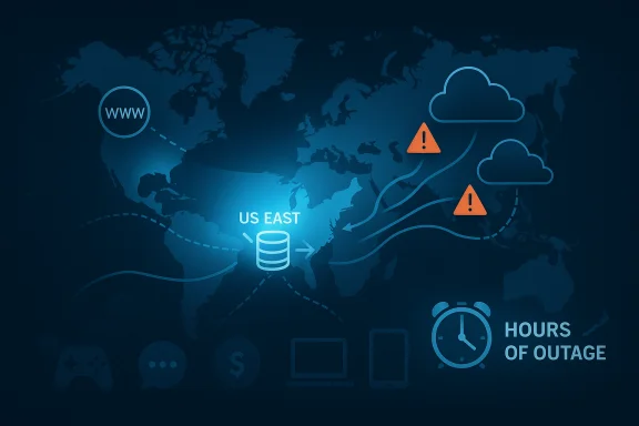 Global network outage visualization centered on the US East region with cloud icons and warning symbols.
