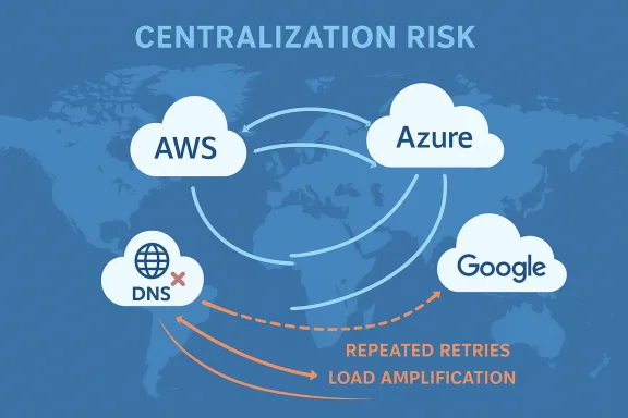 Cloud centralization risk: AWS, Azure, and Google interconnected, with DNS and repeated retries.