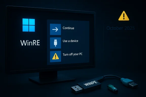 Windows recovery screen with boot options and a WinPE USB drive.