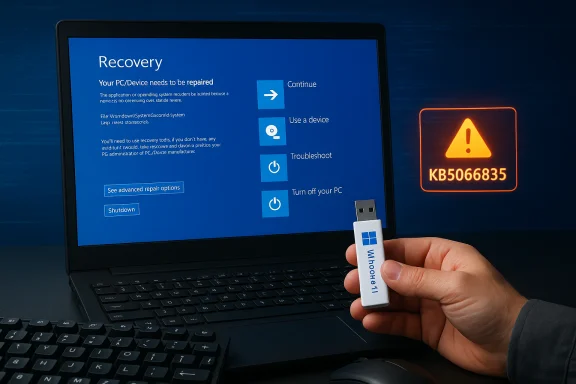 Laptop displays Windows Recovery options as a hand plugs in a USB repair drive.