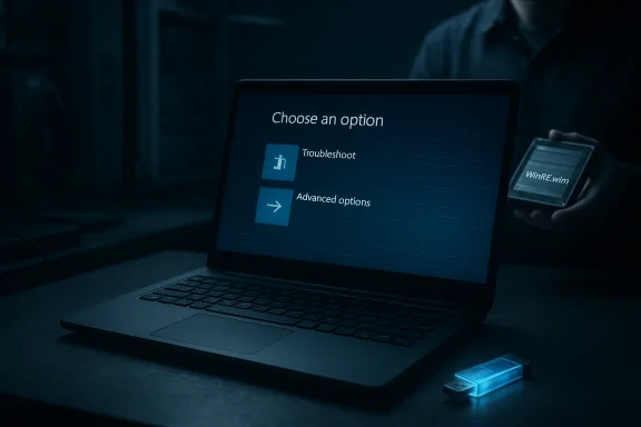 Laptop screen shows Windows Recovery options: Troubleshoot and Advanced options.