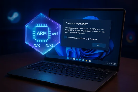 Glowing ARM x64 hologram with AVX/AVX2 floats beside a Per app compatibility dialog on a laptop. Glowing ARM x64 hologram with AVX/AVX2 floats beside a Per app compatibility dialog on a laptop.